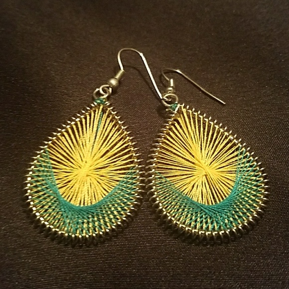 Jewelry - Yellow & teal green boho earrings teardrop
